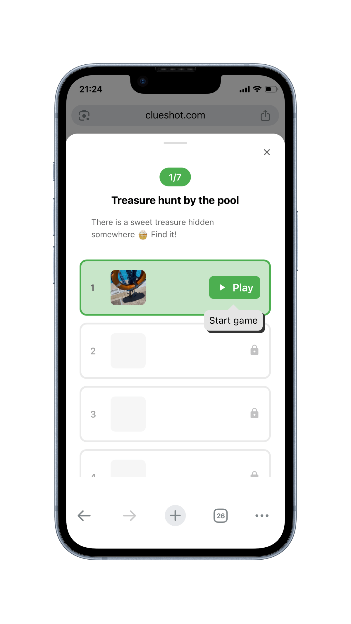 Clueshot app showing the list of photo-clue steps to follow