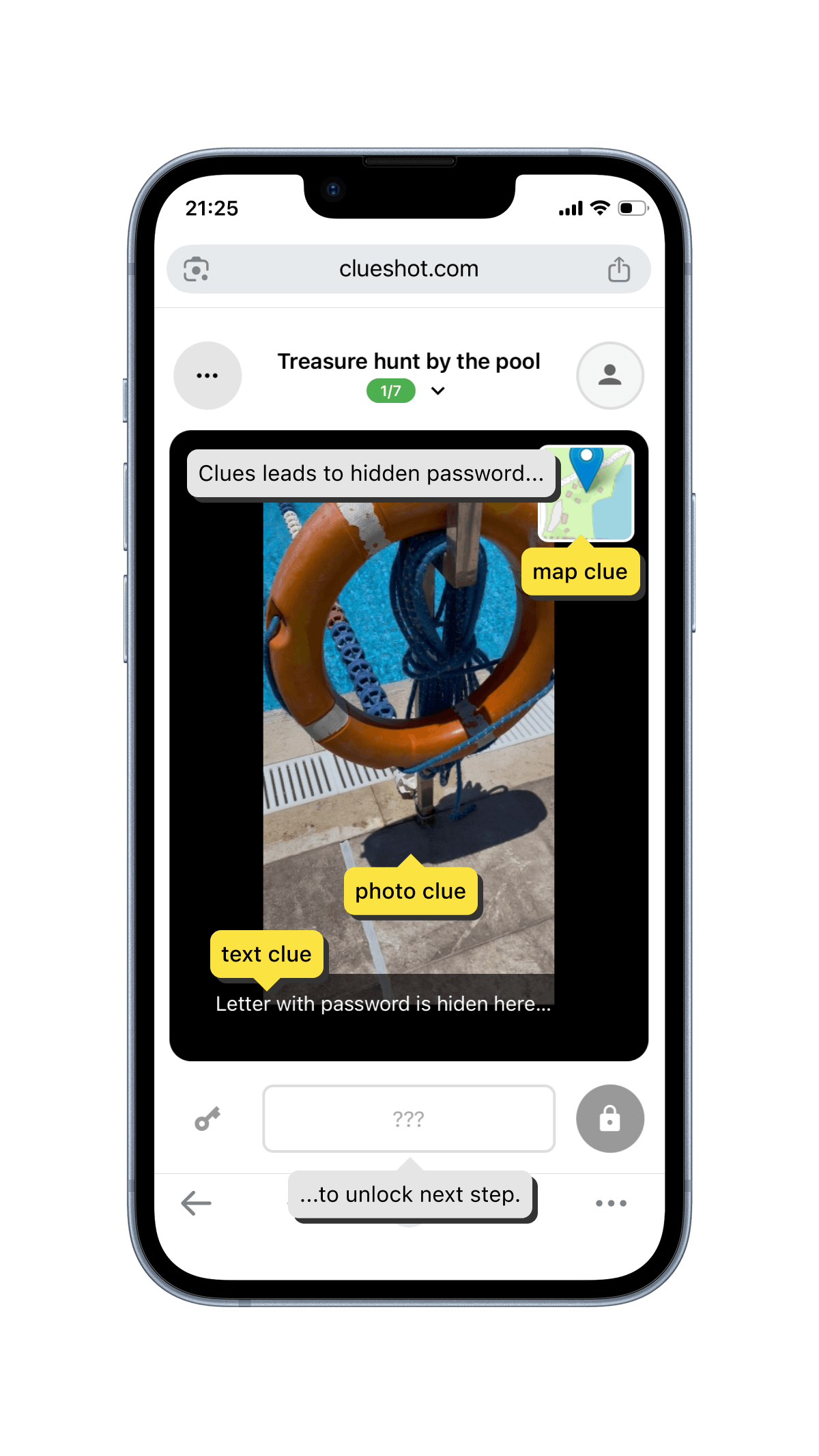 Clueshot app screen for entering the password that unlocks the next step